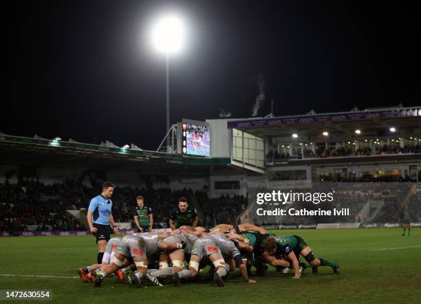 The teams form a scrum during the Gallagher Premiership Rugby match between Northampton Saints and Bath Rugby at Franklin's Gardens on March 10, 2023...