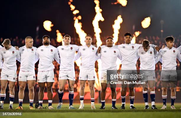 The England players sing the national anthem prior to the U20 Six Nations Rugby match between England and France at Recreation Ground on March 10,...