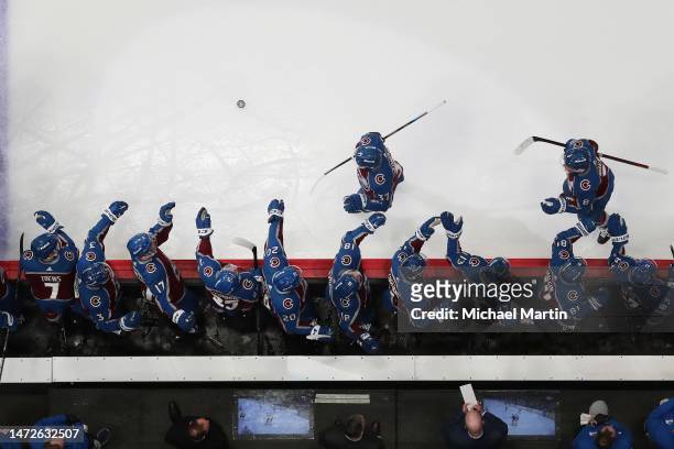 Members of the Colorado Avalanche celebrate a goal against the Los Angeles Kings during the game at Ball Arena on March 9, 2023 in Denver, Colorado....