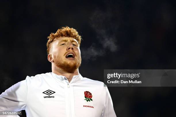 Lewis Chessum of England sings the national anthem during the U20 Six Nations Rugby match between England and France at Recreation Ground on March...