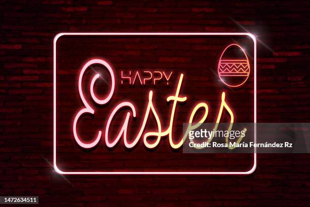 happy easter text in neon lights banner - egg icon stock pictures, royalty-free photos & images