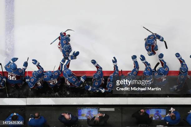 Members of the Colorado Avalanche celebrate a goal against the Los Angeles Kings during the game at Ball Arena on March 9, 2023 in Denver, Colorado....