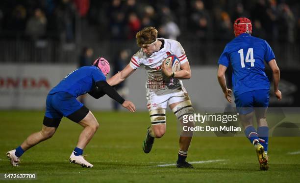 Finn Carnduff of England takes on Baptiste Jauneau of France during the U20 Six Nations Rugby match between England and France at Recreation Ground...