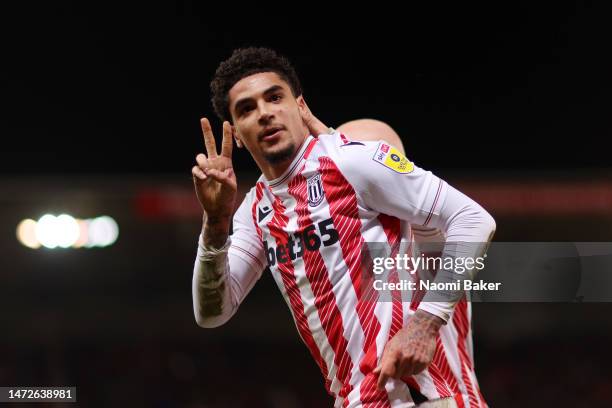 Ki-Jana Hoever of Stoke City celebrates after scoring the team's second goal during the Sky Bet Championship between Stoke City and Blackburn Rovers...
