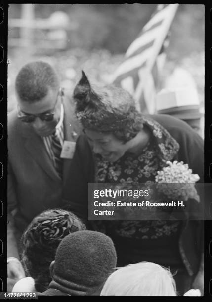 American gospel singer Mahalia Jackson greets others during the March on Washington for Jobs and Freedom, Washington DC, August 28, 1963.