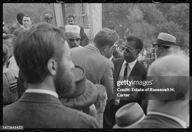 American actor Burt Lancaster and author James Baldwin talk together during the March on Washington for Jobs and Freedom, Washington DC, August 28,...