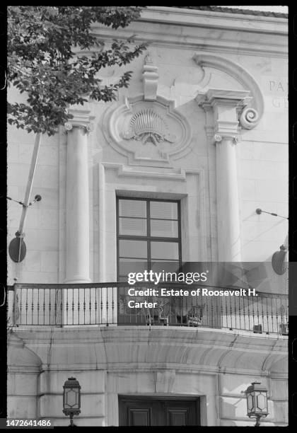 View of the intricate stonework above a balcony on the Organization of American States' Administration Building , Washington DC, August 28, 1963. An...