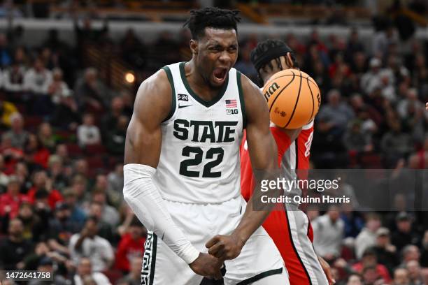 Mady Sissoko of the Michigan State Spartans reacts after scoring against the Ohio State Buckeyes during the first half in the quarterfinals of the...