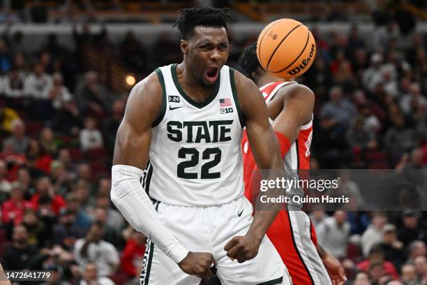 Mady Sissoko of the Michigan State Spartans reacts after scoring against the Ohio State Buckeyes during the first half in the quarterfinals of the...