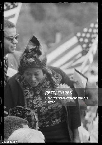 American gospel singer Mahalia Jackson greets others during the March on Washington for Jobs and Freedom, Washington DC, August 28, 1963.