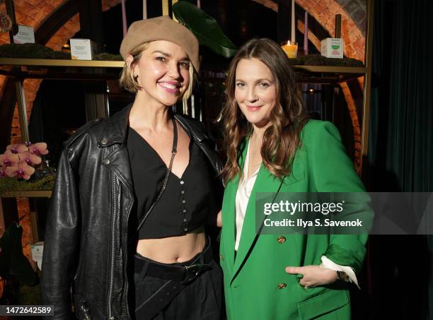 Arielle Kebbel joins Drew Barrymore to celebrate the launch of her new Grove Co. Fresh Horizons collection on March 08, 2023 in New York City.