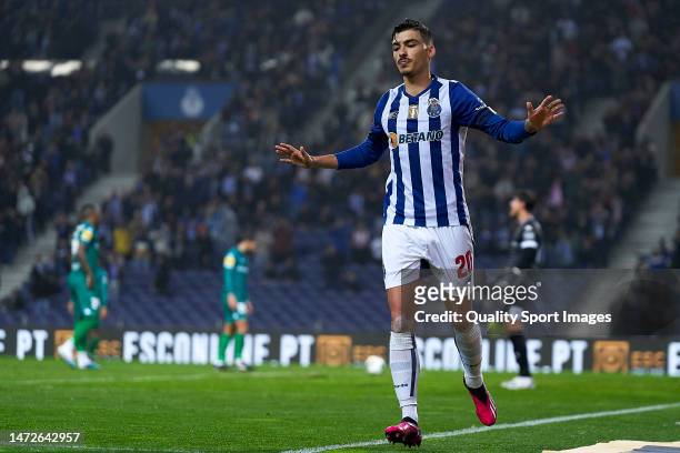 Andre Franco of FC Porto celebrates after scoring his team's second goal during the Liga Portugal Bwin match between FC Porto and GD Estoril Praia at...