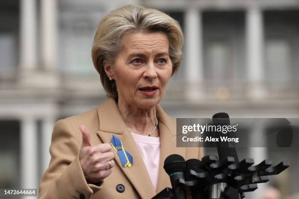 President of European Commission Ursula von der Leyen speaks to members of the press after a bilateral meeting with U.S. President Joe Biden in the...