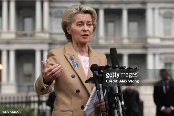 President of European Commission Ursula von der Leyen speaks to members of the press after a bilateral meeting with U.S. President Joe Biden in the...