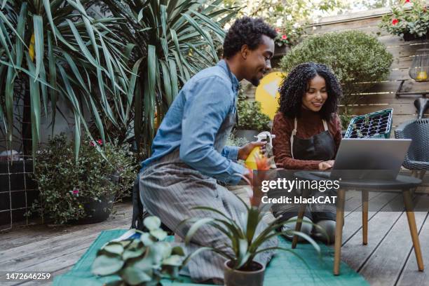 jeune couple prenant soin des plantes dans la cour arrière - botaniste photos et images de collection