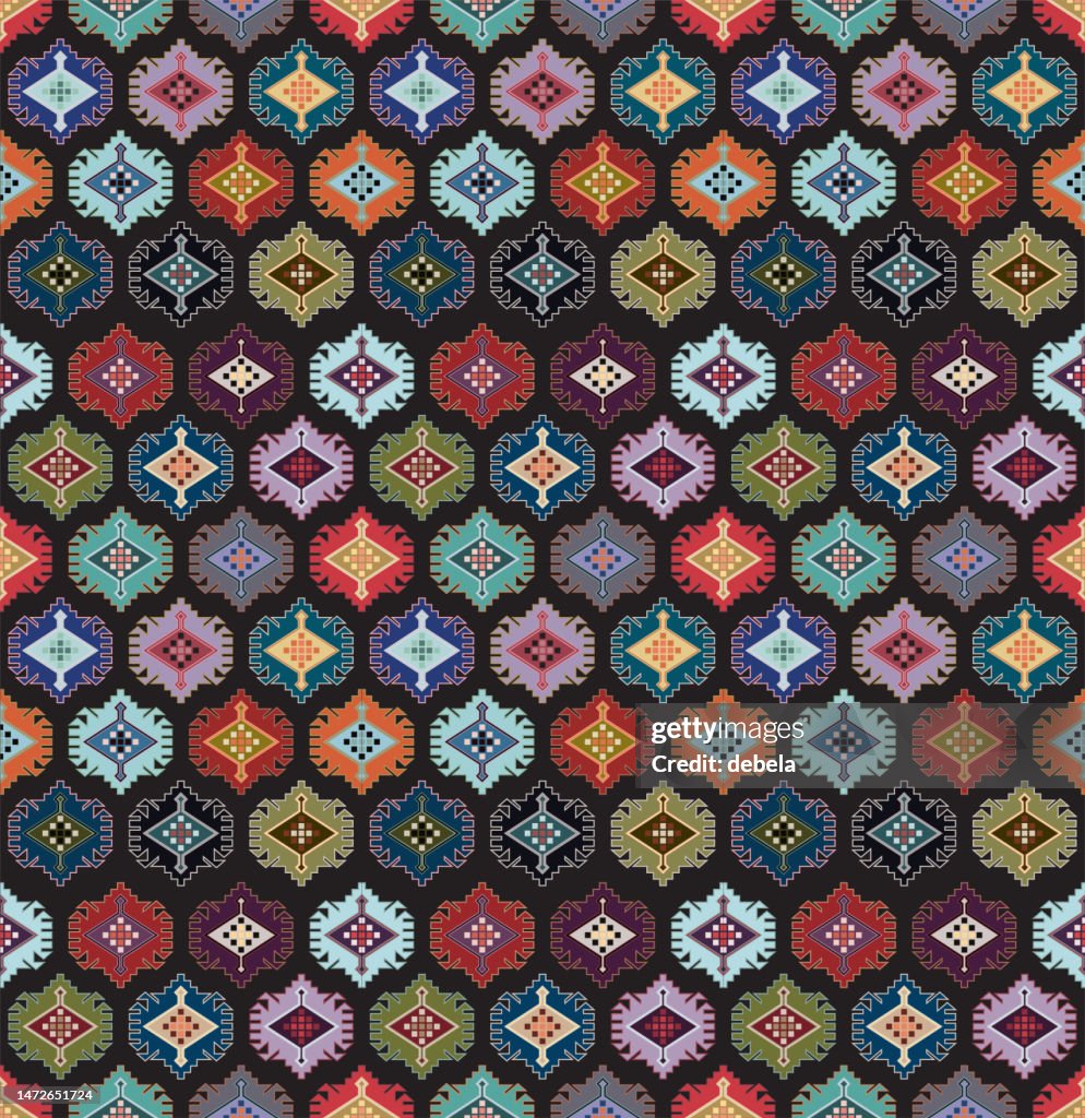Ethnic motif pattern. Upholstery textile design. Turkish rug colorful fabric swatch.