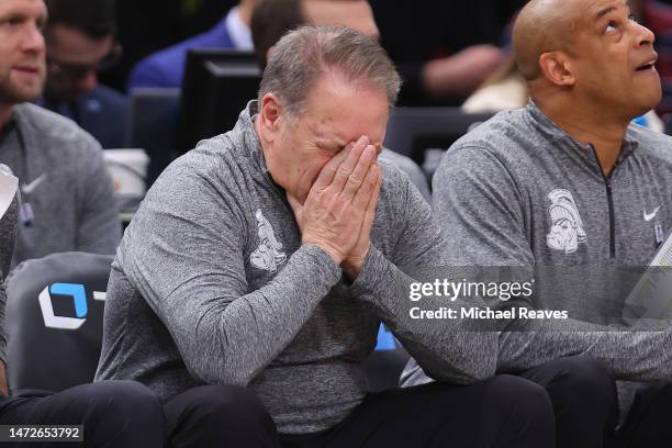 Head coach Tom Izzo of the Michigan State Spartans reacts against the Ohio State Buckeyes during the second half in the quarterfinals of the Big Ten...