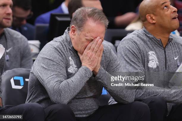 Head coach Tom Izzo of the Michigan State Spartans reacts against the Ohio State Buckeyes during the second half in the quarterfinals of the Big Ten...
