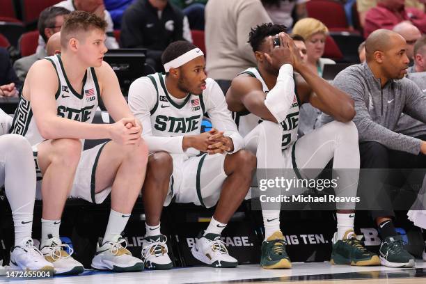 Mady Sissoko of the Michigan State Spartans reacts against the Ohio State Buckeyes during the second half in the quarterfinals of the Big Ten...