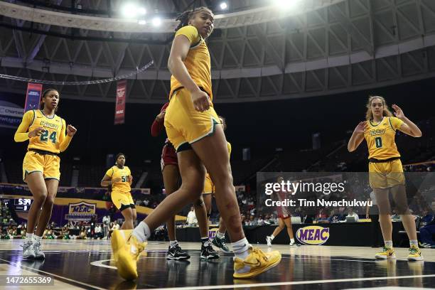 Camille Downs of the Norfolk State Spartans reacts during the second half against the North Carolina Central Eagles during the 2023 MEAC Women's...