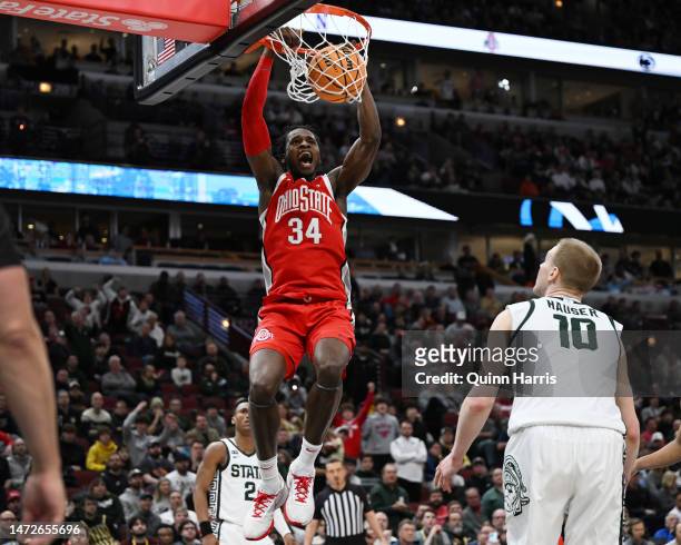 Felix Okpara of the Ohio State Buckeyes dunks Michigan State Spartans during the second half in the quarterfinals of the Big Ten Tournament at United...