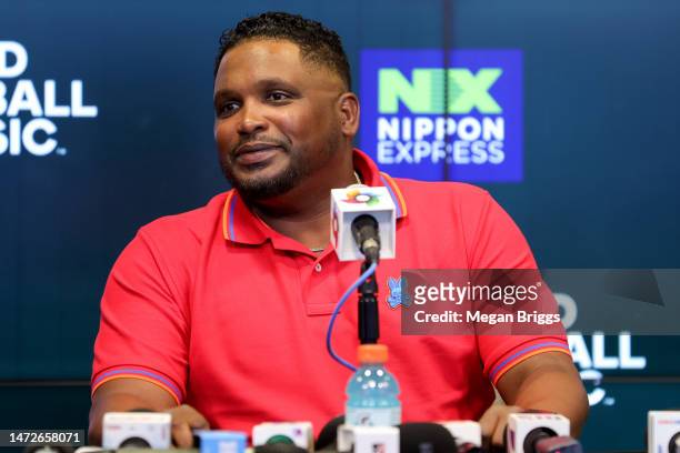 Manager Rodney Linares of Team Dominican Republic speaks to the media during a press conference prior to the World Baseball Classic at loanDepot park...