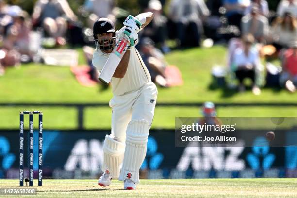 Daryl Mitchell of New Zealand bats during day three of the First Test match in the series between New Zealand and Sri Lanka at Hagley Oval on March...