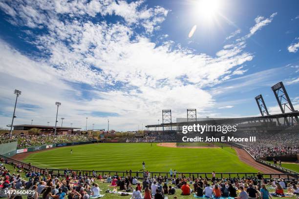 General view of the stadium during the sixth inning of the Spring Training game between the San Francisco Giants and the Colorado Rockies at Salt...