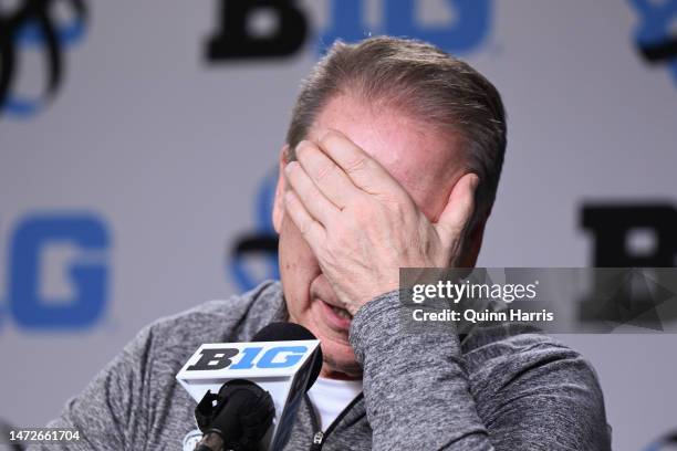 Head coach Tom Izzo of the Michigan State Spartans takes questions from media after the game against the Ohio State Buckeyes in the quarterfinals of...
