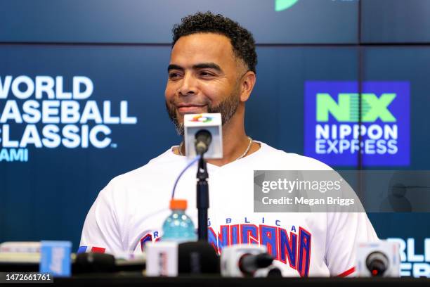 Nelson Cruz of Team Dominican Republic speaks to the media during a press conference prior to the World Baseball Classic at loanDepot park on March...