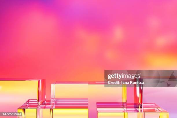 glass transparent platforms, podiums for displaying products on multicolored sky background. 3d pattern. place for text and design. - skybox stockfoto's en -beelden