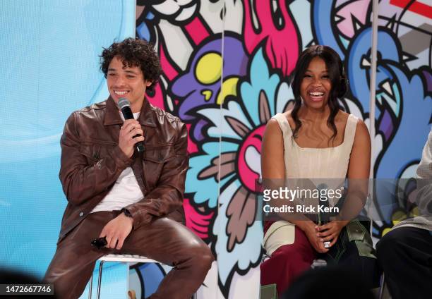 Anthony Ramos and Dominique Fishback attend the official unveiling of Optimus Prime and Optimus Primal statues from "Transformers: Rise of the...