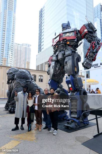 Tobe Nwigwe, Dominique Fishback, Anthony Ramos, Lorenzo di Bonaventura, and Steven Caple Jr. Attend the official unveiling of Optimus Prime and...