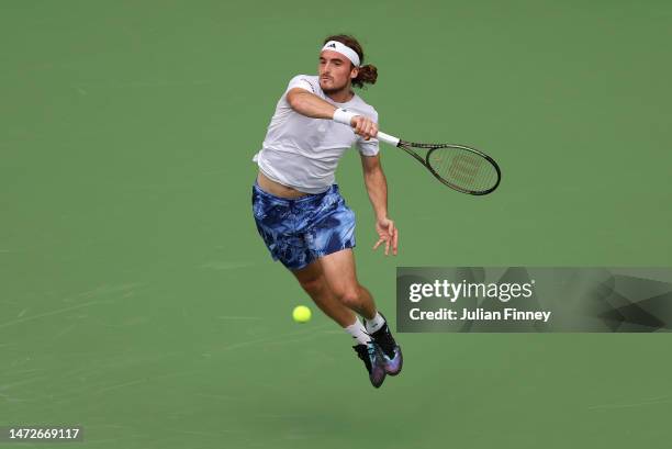 Stefanos Tsitsipas of Greece plays a forehand against Jordan Thompson of Australia during the BNP Paribas Open on March 10, 2023 in Indian Wells,...