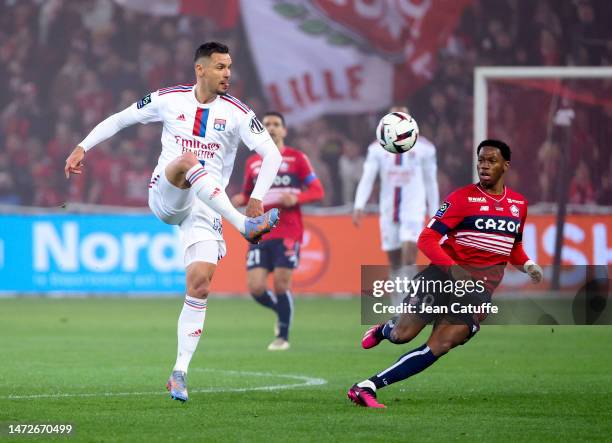 Dejan Lovren of Lyon, Jonathan David of Lille during the Ligue 1 match between Lille OSC and Olympique Lyonnais at Stade Pierre-Mauroy on March 11,...