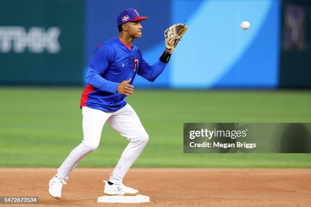 Jeremy Peña of Team Dominican Republic in action during World Baseball Classic Pool D Workout Day at loanDepot park on March 10, 2023 in Miami,...
