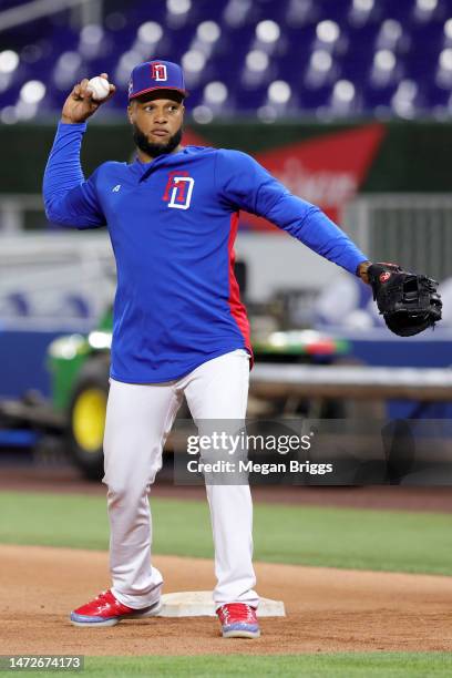 Robinson Canó of Team Dominican Republic in action during World Baseball Classic Pool D Workout Day at loanDepot park on March 10, 2023 in Miami,...