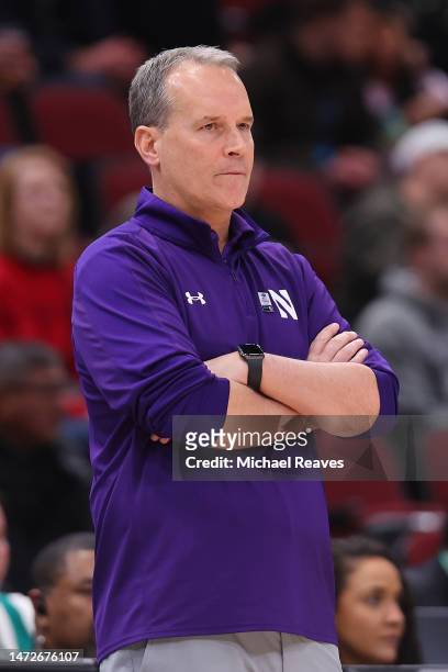 Head coach Chris Collins of the Northwestern Wildcats looks on against the Penn State Nittany Lions during the first half in the quarterfinals of the...