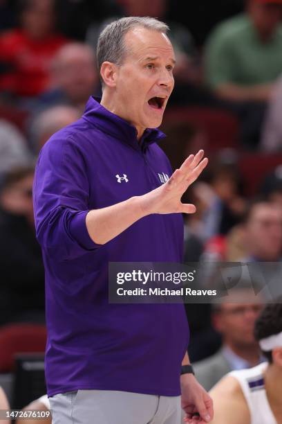 Head coach Chris Collins of the Northwestern Wildcats looks on against the Penn State Nittany Lions during the first half in the quarterfinals of the...