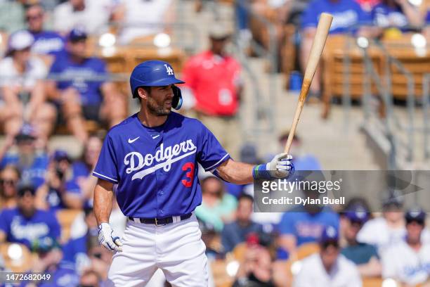 Chris Taylor of the Los Angeles Dodgers bats in the first inning against the Los Angeles Angels during a spring training game at Camelback Ranch on...