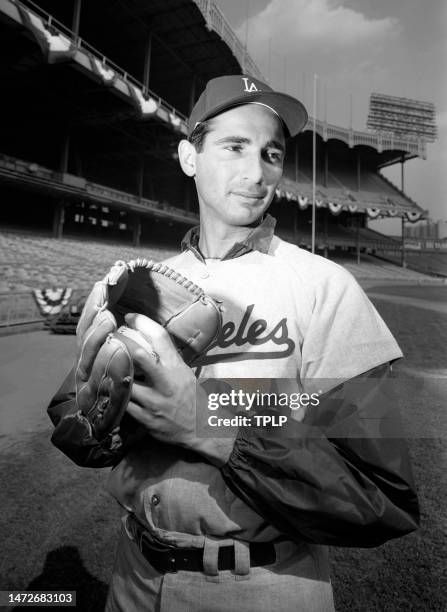 Pitcher Sandy Koufax of the Los Angeles Dodgers poses for a portrait during practice prior to Game 1 of the 1963 World Series at Yankee Stadium in...