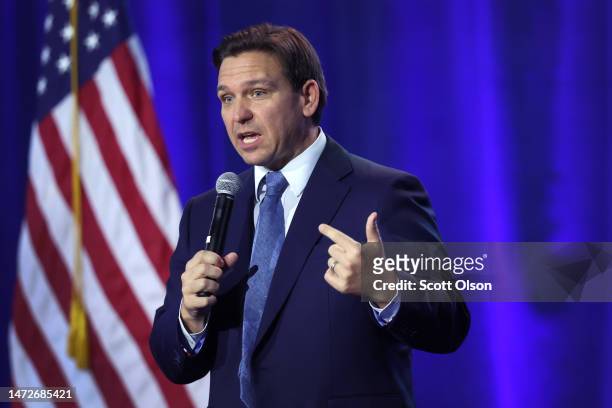 Florida Gov. Ron DeSantis speaks to Iowa voters gathered at the Iowa State Fairgrounds on March 10, 2023 in Des Moines, Iowa. DeSantis, who is widely...