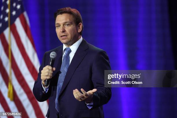 Florida Gov. Ron DeSantis speaks to Iowa voters gathered at the Iowa State Fairgrounds on March 10, 2023 in Des Moines, Iowa. DeSantis, who is widely...