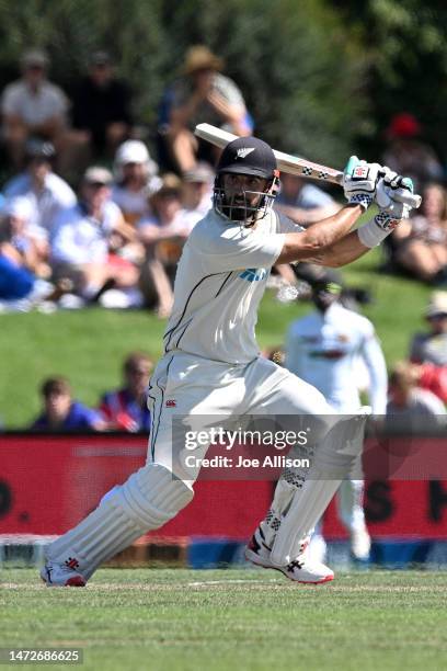 Daryl Mitchell of New Zealand bats during day three of the First Test match in the series between New Zealand and Sri Lanka at Hagley Oval on March...