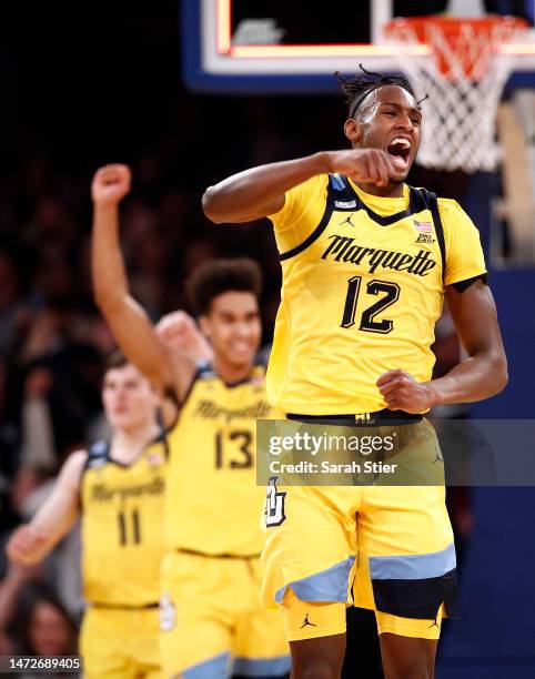 Olivier-Maxence Prosper of the Marquette Golden Eagles reacts after the buzzer in the second half against the Connecticut Huskies in the Semifinal...