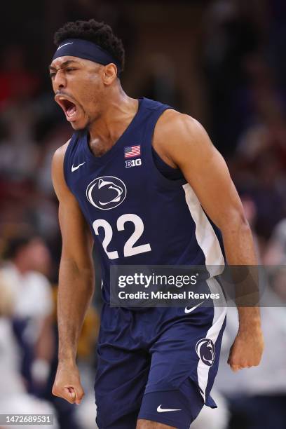 Jalen Pickett of the Penn State Nittany Lions celebrates a three pointer against the Northwestern Wildcats during overtime in the quarterfinals of...