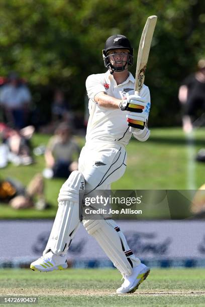 Matt Henry of New Zealand bats during day three of the First Test match in the series between New Zealand and Sri Lanka at Hagley Oval on March 11,...