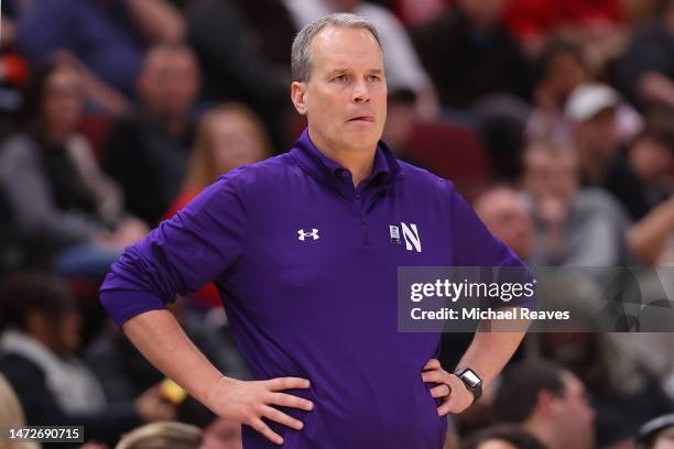 Head coach Chris Collins of the Northwestern Wildcats reacts against the Penn State Nittany Lions during the second half in the quarterfinals of the...