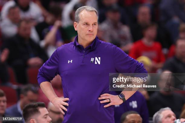 Head coach Chris Collins of the Northwestern Wildcats reacts against the Penn State Nittany Lions during the second half in the quarterfinals of the...