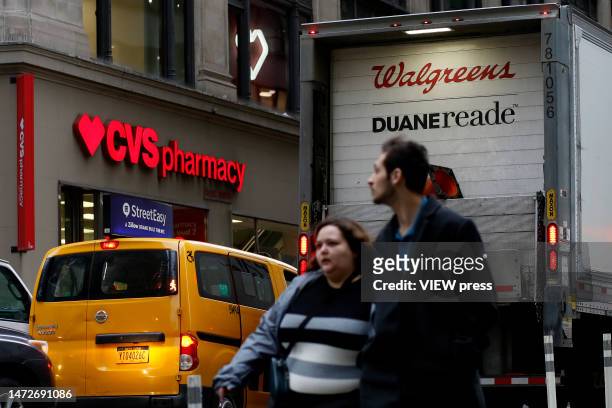 People make their way near a CVS Pharmacy on March 10, 2023 in New York City. New York Governor Kathy Hochul and state Attorney General Letitia James...